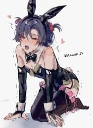 blush bunny_ears bunny_tail bunnysuit crying femboy genshin_impact male male_only money multiple_vibrators on_floor panting saliva scaramouche_(genshin_impact) shaking solo_male stripper tears thigh_highs vibrator