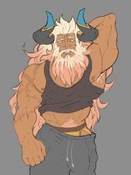 armpit_hair balls bara beard big_bulge bulge clothing dragalia_lost facial_hair flaccid gauld hand_behind_head horns jockstrap mageshitposts male male_only muscles muscular penis scars solo solo_male sweatpants tank_top