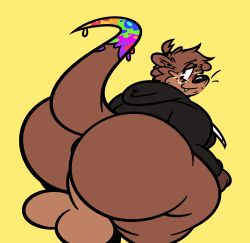 1boy 2024 absurd_res anthro anus ass balls bedroom_eyes bent_over big_ass_(male) big_balls big_butt black_clothing black_hoodie black_nose black_topwear blue_clothing brown_body brown_fur chubby chubby_male clothed clothing cute cute_male digital_drawing_(artwork) digital_media_(artwork) eyewear fangs fur gay genitals glasses hair half_naked hi_res hoodie huge_butt hyper hyper_butt jaymisc kawa_(rebouwu) looking_at_viewer looking_back looking_back_at_viewer male male_only mammal mustelid narrowed_eyes otter presenting presenting_hindquarters raised_tail rear_view round_glasses seductive short_hair simple_background smile smiling_at_viewer solo standing tail teeth thick_thighs toony topwear whiskers wide_hips yellow_background