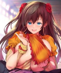 1boy asahi_(fullmetal_madness) blue_eyes blush breasts breasts_squeezed_together brown_hair earrings fate/grand_order fate_(series) female flower hair_flower hair_ornament hoop_earrings jewelry large_breasts long_hair looking_at_viewer mata_hari_(fate) open_mouth paizuri paizuri_under_clothes puffy_short_sleeves puffy_sleeves short_sleeves smile straight