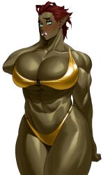 1girls big_breasts bikini blush embarrassed fangs female female_only gold_bikini golden_week green_eyes green_skin hand_on_cheek muscular muscular_female orc orc_female pointy_ears red_hair solo sotcho thick_thighs very_high_resolution white_background