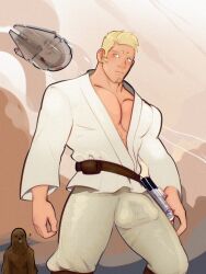 bara big_bulge blonde_hair blush bulge clothing cummytomato huge_bulge male male_only muscular_male penis_outline star_wars tight_clothing