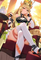 ai_generated celine_(fire_emblem) dress fire_emblem fire_emblem_engage high_heels legs_crossed looking_at_viewer smile tharkica thick_thighs