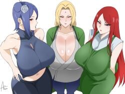 3girls airi_akura apron big_breasts black_eyes blonde_hair blue_hair blush breast_focus breasts brown_eyes cleavage clothing eyeshadow fellatio_gesture female female_only flower flower_in_hair forehead_jewel gesture green_apron hair_ornament high_resolution huge_breasts konan large_breasts lips lipstick long_hair looking_at_viewer mature mature_female milf naruto naruto_(series) naruto_shippuden plain_background purple_eyeshadow red_hair red_lips red_lipstick simple_background smile take_your_pick tsunade upper_body uzumaki_kushina voluptuous watermark white_background