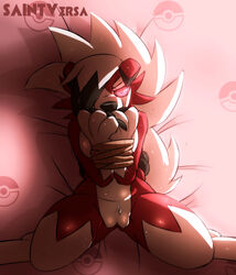 1girls bed belly blush bondage bound breasts canine covering_breasts covering_mouth digital_media_(artwork) feet female female_only furry half-closed_eyes looking_at_viewer lycanroc midnight_lycanroc nintendo nude pink_background pink_eyes pink_sclera pokémon_(species) pokemon pokemon_sm pussy red_fur rope saintversa sitting sweat tail text video_games wariza watermark white_fur