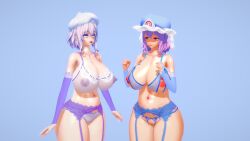 2girls 3d blue_hat dback_koi garter_belt koikatsu large_breasts letty_whiterock lingerie looking_at_another multiple_girls navel nipples pink_eyes pink_hair purple_hair saigyouji_yuyuko short_hair simple_background symbol-shaped_pupils touhou white_hat yuyuko_saigyouji