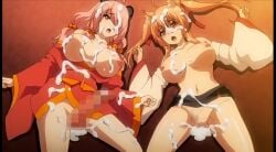 1futa big_breasts big_breasts censored_penis covered_eye female hyakkiya_tantei_jimusho_hyakkiya_hikari_no_youkai_jikenbo kimono long_hair nipples orange_eyes orange_hair pink_hair purple_eyes screenshot semen tied_hair