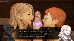 1boy 2girls 3d after_fellatio after_oral annette_fantine_dominic asymmetrical_bangs bangs bare_shoulders blonde_hair braid breasts brown_hair byleth_(fire_emblem) byleth_(fire_emblem)_(male) closed_eyes cock_worship collaborative_fellatio completely_nude cooperative_fellatio crest_(fe3h) cum cum_in_mouth cum_on_tongue dochaunt24 english_text fellatio female female_focus fire_emblem fire_emblem:_three_houses fire_emblem_warriors:_three_hopes group_sex human indoors large_penis licking_penis male male_pov medium_breasts medium_hair mercedes_von_martritz multiple_girls nintendo nude nude_female open_mouth oral orange_hair penis penis_awe penis_tattoo pov short_hair shoulders small_breasts smile tattoo teamwork text text_box tongue tongue_out uncensored worship