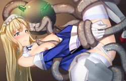 bad_id bad_pixiv_id between_breasts blonde_hair blue_shirt blush breasts commentary_request cum cum_in_pussy enemy_naval_mine_(kantai_collection) female fletcher_(kantai_collection) gloves kantai_collection large_breasts legs_held_open long_hair nipples off_shoulder pallad panties panties_aside purple_eyes restrained restrained_by_tentacles sailor_collar school_uniform serafuku shirt solo spread_legs tentacle tentacle_between_breasts tentacle_in_pussy tentacle_sex tentacles_around_legs tentacles_around_wrists tentacles_between_breasts thighhighs underwear vaginal_penetration white_gloves white_panties white_thighhighs