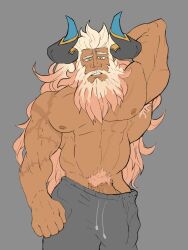 armpit_hair balls bara beard big_bulge bulge clothing dragalia_lost facial_hair flaccid gauld going_commando hand_behind_head horns mageshitposts male male_only muscles muscular penis scars shirtless solo solo_male sweatpants