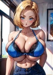 1girls :o abs ai_generated alternate_breast_size android_18 areola areola_slip areolae areolae_slip bed bedroom big_breasts blonde_hair blue_eyes blush bra breasts_bigger_than_head bursting_breasts cleavage curvaceous curvy curvy_figure denim denim_jacket denim_skirt dragon_ball dragon_ball_super dragon_ball_z earrings female female_only gigantic_breasts huge_breasts looking_at_viewer massive_breasts midriff navel open_mouth parted_lips short_hair sideboob sitting solo solo_female stable_diffusion standing suprised tampopo thick toned toned_female underboob undersized_clothes window