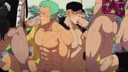 ass balls bara big_balls big_penis blowjob blush burankoprn erection fellatio fellatio_domination franky gay gay_blowjob green_hair kaku_(one_piece) male male/male male_nipples male_only male_pubic_hair muscular_male nipples nude one_piece oral oral_sex penis roronoa_zoro scar