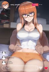 ai_generated chat chat_box chat_log dark-skinned_male dark_skin english_text gamer_girl glasses interracial interracial_sex light-skinned_female livestream orange_hair persona persona_5 recording red_head sakura_futaba sex shorts tank_top video_recording