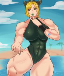 1girls abs alternate_body_type athletic athletic_female beach biceps big_breasts black_hair black_hair_female blonde_female blonde_hair blonde_hair_female breasts female female_focus female_only green_eyes jjba jojo's_bizarre_adventure jojo_no_kimyou_na_bouken jolyne_kujo light-skinned_female light_skin looking_at_viewer moyudraw moyuyudraws multicolored_hair muscular muscular_arms muscular_female muscular_thighs one-piece_swimsuit palm_tree sand thick_thighs thighs toned toned_female water