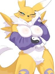2024 4_fingers anthro areola arm_tuft arm_under_breasts armwear armwear_only bandai_namco black_sclera blue_eyes blush blush_lines breasts bridal_gauntlets chest_tuft clothing countershade_torso countershading crotch_lines crotch_tuft digimon digimon_(species) dipstick_ears dipstick_tail ear_markings female female_anthro fingers front_view fur fur_markings genitals hand_on_chin hi_res holding_breast innie_pussy kame_3 looking_down low-angle_view markings mostly_nude multicolored_ears navel nipples nude one_eye_closed purple_armwear purple_bridal_gauntlets purple_clothing pussy renamon shoulder_tuft simple_background solo standing tail tail_markings tomoe_(symbol) tuft white_background yellow_body yellow_fur yellow_tail yin_yang