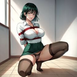 1girls ai_generated bangs black_footwear black_panties blush bondage bound breasts cleavage closed_mouth collarbone female fubuki_(one-punch_man) green_eyes green_hair henrychrist large_breasts looking_at_viewer one-punch_man panties petite shirt short_hair skirt smile solo spread_legs squatting stockings thighhighs thighs tile_floor tiles underwear