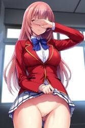 advanced_nurturing_high_school_uniform ass_visible_through_thighs black_thighhighs blazer blue_bow blue_bowtie blurry blurry_background bow bowtie breasts cameltoe censored classroom_of_the_elite closed_mouth clothes_lift collared_shirt commentary_request covering_own_eyes daiaru facing_viewer female highres ichinose_honami_(cote) indoors jacket large_breasts lifted_by_self light_frown long_hair miniskirt mosaic_censoring no_panties pink_hair pleated_skirt pussy pussy_juice red_jacket school_uniform shirt skirt skirt_lift solo underwear white_shirt white_skirt youkoso_jitsuryoku_shijou_shugi_no_kyoushitsu_e