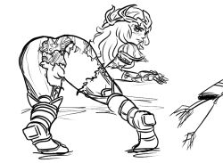 1girls artemis_(smite) ashur bent_over black_and_white blush european_mythology goddess greek_mythology hi-rez_studios line_art looking_at_viewer looking_back mythology no_color pussy ripped_clothing smite solo thick_thighs