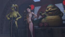 2girls 3d alexbridger belly_dancer belly_dancer_outfit braided_hair brown_eyes brown_hair c-3po chain_leash chained dancer dancer_outfit enslaved_royal femsub fishnets green_skin harem harem_girl harem_outfit headwear humiliation hutt jabba's_palace jabba_the_hutt large_breasts loincloth long_hair medium_breasts oola princess_leia_organa slave slave_bikini slave_collar slave_leia slave_outfit slavegirl star_wars stripping submissive_female twi'lek