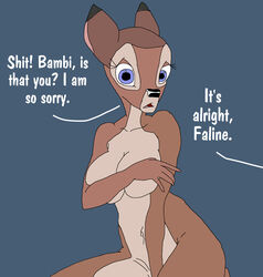 anthro anthro_only bambi_(character) bambi_(film) blue_eyes breasts brown_fur caught caught_naked cervine covering covering_breasts deer dialogue disney embarrassed embarrassed_nude_female english_text faline female fur furry furry_only looking_at_viewer mammal masturbation no_humans nude rough_sketch solo text vanderhirsche young