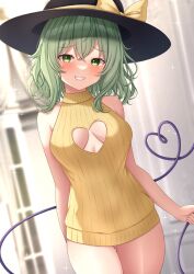 black_hat blush breasts cleavage cleavage_cutout clothing_cutout commentary_request cowboy_shot crossed_bangs dress female female_only fully_clothed green_eyes green_hair grin hair_between_eyes hat heart heart_cutout heart_of_string highres koishi_komeiji komeiji_koishi medium_breasts medium_hair reijing_etrn smile solo standing sweater sweater_dress touhou turtleneck turtleneck_sweater yellow_dress yellow_sweater