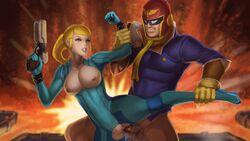 1boy adapted_costume areolae blonde_hair blue_eyes bodysuit bottomless breasts captain_falcon collarbone combat_sex crossover crotch_cutout f-zero female fight fighting gradient_background gun helmet leg_hold mask metroid nesoun nintendo nipples open_mouth parted_lips penis ponytail pussy ripped_clothes ripped_clothing samus_aran super_smash_bros. sweat teeth testicles tied_hair torn_clothes torn_clothing uncensored vaginal_penetration w_arms weapon zero_suit zero_suit_samus