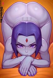 1boy abs abstract_background ai_generated ass asura_(ai_style) big_ass collar cute darabri-mix dc_comics femboy feminine_male forehead_jewel front_view girly muscular nude otoko_no_ko outlines pov pov_eye_contact purple_eyes purple_hair raven_(dc) rule_63 solo tagme trap