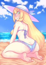 1girls ass back back_view bare_shoulders beach bikini blonde_hair blush bra braid butt_crack clothed day feet female female_only green_eyes hat human kneeling lillie_(pokemon) long_hair looking_at_viewer looking_back nintendo nyx outdoors panties pokemon pokemon_sm sand sky smile soles solo swimsuit teeth tied_hair toes water