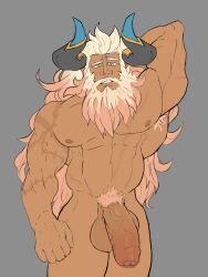 armpit_hair balls bara beard big_balls big_penis dragalia_lost facial_hair flaccid gauld hand_behind_head horns mageshitposts male male_only muscles muscular nude penis scars solo solo_male