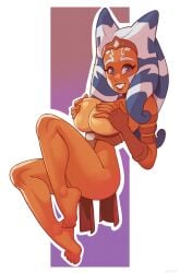 1girls ahsoka_tano barefoot blue_eyes blush covering_breasts klimspree large_breasts loincloth looking_at_viewer orange_skin star_wars voluptuous