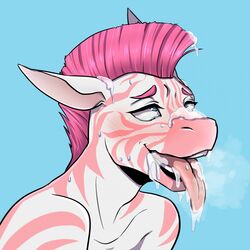 2016 ahe_gao anthro blue_background blue_eyes crying cum cum_in_hair cum_on_ear cum_on_face cum_on_tongue ehbear equine fur hair looking_pleasured male male_only mammal mohawk nude open_mouth pink_fur pink_hair simple_background smile solo stripes sweat tears teeth tongue tongue_out white_fur zebra