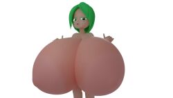 breast_expansion breasts_bigger_than_torso freckles fuku_(squidly) green_eyes green_hair huge_breasts shortstack smug squidly