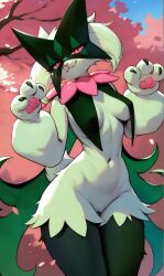 ai_generated anaddiction anthro breasts furry green_body green_fur masked meowscarada pink_eyes pokemon pokemon_(species)