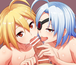 1boy 2girls ahoge bar_censor blazblue blonde_hair blue_hair blush braid breasts censored collaborative_fellatio double_fellatio eye_patch fellatio ffm_threesome group_sex handjob huge_ahoge lambda-11 long_hair looking_at_viewer multiple_fellatio multiple_girls nipples nu-13 nude oral penis pov puffy_nipples red_eyes shiro_sousu siblings single_braid sisters small_breasts straight teamwork threesome tied_hair tongue tongue_out veins veiny_penis