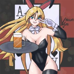 1girls alcohol alternate_costume ass_visible_through_thighs bare_shoulders bare_thighs beer blonde_hair blue_eyes blush breasts bunny_ears bunny_girl bunnysuit card clarisse_(fire_emblem) cleavage earrings female female_only fire_emblem fire_emblem:_new_mystery_of_the_emblem grin large_breasts leporid long_hair looking_at_viewer nintendo shoulders smile solo thighhighs thighs v very_long_hair vinegar_juri waitress yellow_hair