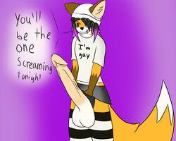 2017 anthro balls big_balls big_penis black_nose canine clothed clothing english_text erection fox fur girly hair huge_cock humanoid_penis hyper hyper_penis legwear looking_at_viewer male mammal orange_fur penis purple_eyes rifykoh simple_background skirt smile solo standing text tongue underwear white_fur