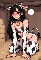 1boy ai_generated annoyed bell_collar black_hair blush collar cosplay cow_girl cow_horns cow_print cow_print_bikini ear_tag femboy goth male_only noredeemingvalue revealing_clothes skimpy_clothes solo_male trap