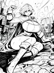 1girls ai_generated angry_face black_and_white cleavage damaged dc dc_comics destruction fight full_body huge_breasts kara_zor-l karen_starr large_breasts legs massive_breasts power_girl rubble scratches short_hair sketch solo_female superman_(series) thin_waist tight_clothing