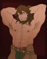 armpit_hair bara beard body_hair bulge dragalia_lost facial_hair flaccid hands_behind_head joe_(dragalia_lost) mageshitposts male male_only muscles muscular one_eye_closed shirtless solo solo_male