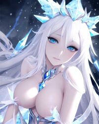 ai_generated ai_hands blue_eyes breasts breasts_out cold ice original_character snow white_hair winter