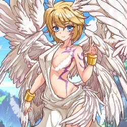 1girls 2023 angel angel_wings artist_request blonde_hair blue_eyes censored_nipples convenient_censoring digimon lucemon pixel_art rule_63 short_hair solo solo_female tagme