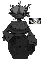 big_breasts black_body black_hair breasts ewe furry hidden_eyes huge_breasts huge_thighs oc original original_artwork original_character sheep sheep_girl smile xexeezy