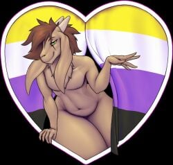 2020 anthro biped bovid caprine flag flag_(object) gesture goat green_eyes hair heart_symbol hi_res jakethegoat jakethegoat_(character) lgbt_pride long_ears looking_at_viewer male male_only mammal navel nonbinary_pride_colors nude pride_color_flag pride_colors pride_heart short_hair solo suggestive_look