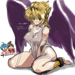 1:1 1girls 2020 2boys angel_wings anklet arm_behind_back bare_arms bare_legs bare_shoulders barefoot black_hair blonde_hair blood blue_hair blush breaking_the_fourth_wall breasts breath_of_fire breath_of_fire_ii breath_of_fire_v chibi cleavage clothing cosplay dress dress_tug embarrassed feathered_wings feathers feet female female_focus full_body green_eyes grey_dress hand_between_legs highres jacket japanese_text large_breasts leg_tattoo looking_at_another looking_at_viewer male multiple_boys nina_(breath_of_fire_ii) nina_(breath_of_fire_v)_(cosplay) nipple_bulge no_bra no_panties nosebleed petitdry ponytail purple_feathers purple_wings revealing_clothes ryuu_(breath_of_fire_ii) ryuu_(breath_of_fire_v) shirt short_dress short_hair short_ponytail shoulder_tattoo simple_background sitting sleeveless sleeveless_dress sound_effects surprised sweat sweatdrop tattoo tears text thick_thighs thigh_tattoo thighs tied_hair toes torn_clothes torn_dress translated undersized_clothes wariza white_background wide_eyed wide_hips wings