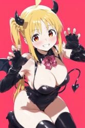 ai_generated bare_thighs big_breasts blonde_hair bocchi_the_rock! curvaceous curvy_female demon_girl demon_tail demon_wings halloween huge_breasts huge_thighs ijichi_nijika large_breasts light-skinned_female light_skin looking_at_viewer oiled_body oiled_skin red_eyes side_ponytail smiling solo_female squatting succubus succubus_horns sweat sweatdrop tarte_(artist) thick_thighs thighs voluptuous voluptuous_female