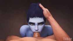 1boy 1girls 3d blowjob blue_skin deepthroat female light-skinned_male male oral oral_penetration oral_sex overwatch pov rolling_eyes takerskiy widowmaker