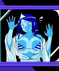 1girls 2d against_glass against_surface areola_slip areolae bikini blue_body blue_skin blush breasts breasts_against_glass clothed game_cg ghost ghost_(jermaneels) ghost_girl grin headpiece huge_breasts jermaneels long_hair micro_bikini nipple_bulge open_robe pixel_art robe string_bikini strip_rock-paper-scissors_-_ghost_edition striped_bikini triangular_headpiece window