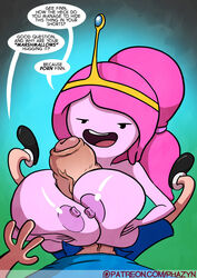 1boy 1girls 2017 adventure_time alternate_breast_size areolae bedroom_eyes big_breasts breasts cartoon_network circlet dialogue duo english_text erect_nipples female finn_the_human highres huge_breasts huge_cock human humanoid hyper hyper_penis large_breasts male male_pov nipples open_mouth paizuri penis phazyn pink_hair pink_skin ponytail pov princess_bubblegum smile speech_bubble straight text tied_hair uncut