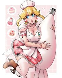 1girls 2020s apron bent_leg blonde_hair blue_eyes braided_hair cake chef_hat chef_uniform dangerousbride earrings female female_only food heel_boots jpeg looking_away mario_(series) nintendo patissiere_peach princess_peach princess_peach:_showtime! skirt solo standing_on_one_leg stockings thigh_squish very_high_resolution white_stockings