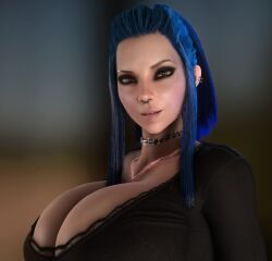 1girls 3d 3d_(artwork) becca_(vaako) blue_hair breasts_bigger_than_head choker cleavage clothed clothed_female ear_piercing female female_only female_solo gigantic_breasts hourglass_figure huge_breasts human human_female human_only long_hair looking_at_viewer midriff necklace nose_piercing nose_ring oc original original_character painted_fingernails painted_nails ponytail slim_waist solo solo_female top_heavy top_heavy_breasts upper_body vaako wide_hips